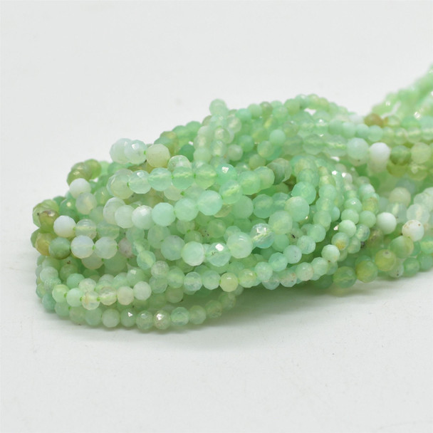 Natural Green Australian Chrysoprase Mixed Shades Semi-Precious Gemstone FACETED Round Beads - 2mm, 3mm -  15" strand