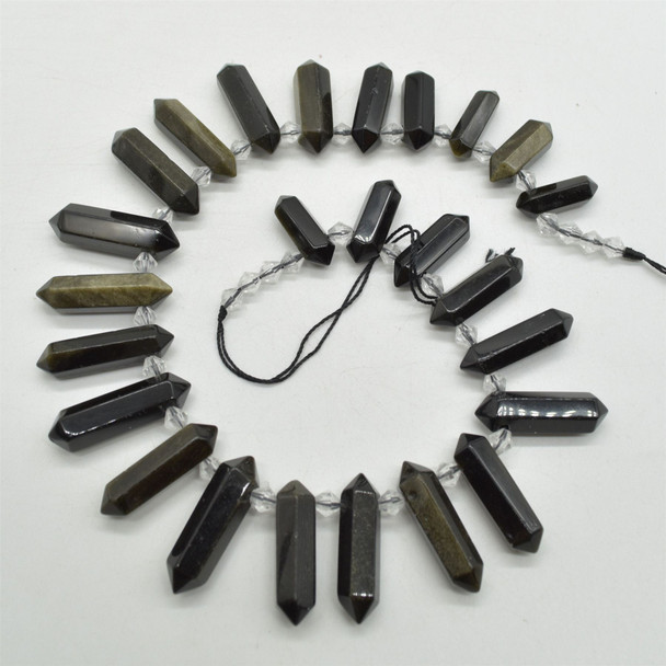 Golden Sheen Obsidian Double Terminated Graduated Points Beads / Pendants - 20mm - 35mm x 8mm - 10mm - 15" strand