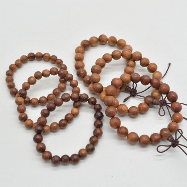 Natural Red Willow Sandalwood Round Wood Beads Bracelet / Sample Strand - Mala Prayer Beads - 8mm, 10mm Sizes