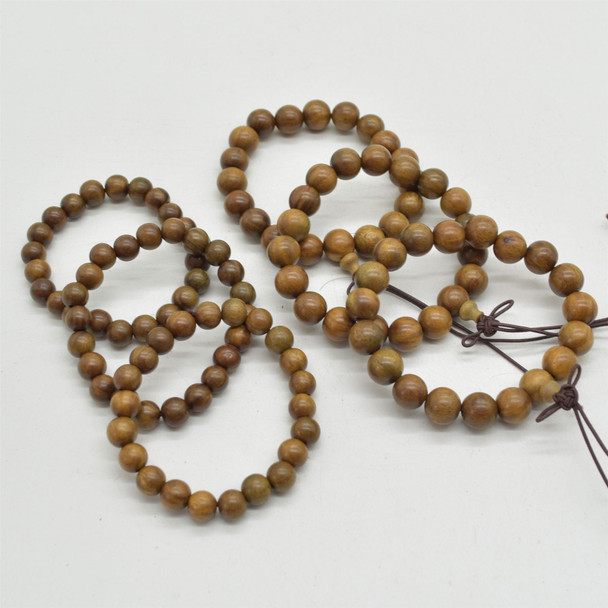 Natural Green Sandalwood Round Wood Beads Bracelet / Sample Strand - Mala Prayer Beads - 8mm, 10mm Sizes