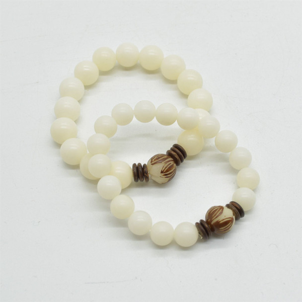 Ivory White Bodhi Root Lotus Flower Round Wood Beads Bracelet Sample Strand