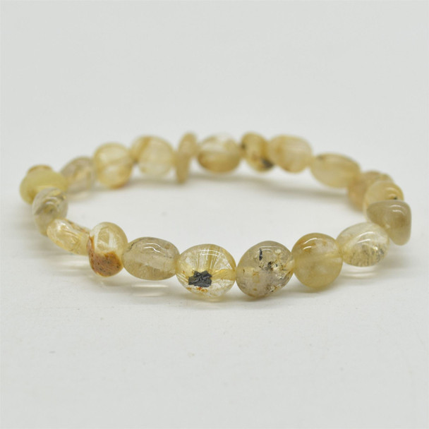 Natural Gold Rutilated Quartz Semi-precious Gemstone Pebble Nugget Beads Bracelet / Sample Strand - 7mm - 10mm, 7.5"