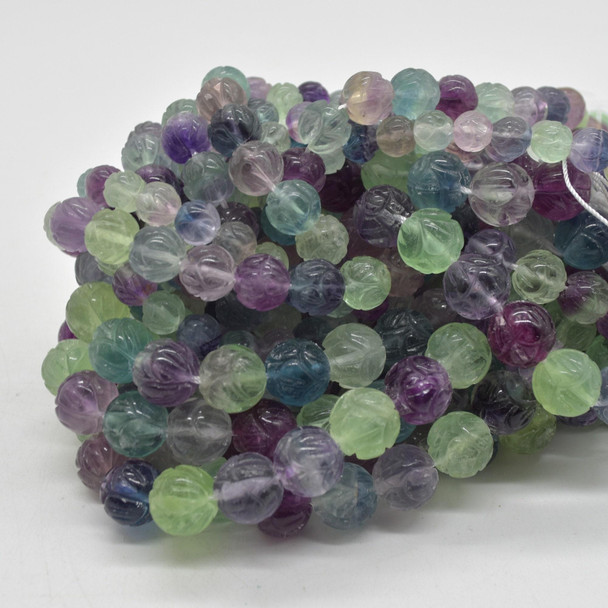 High Quality Grade A Natural Carved Lotus Flower Rainbow Fluorite Semi-precious Gemstone Round Beads - 8mm, 10mm, 12mm sizes - 15'' strand