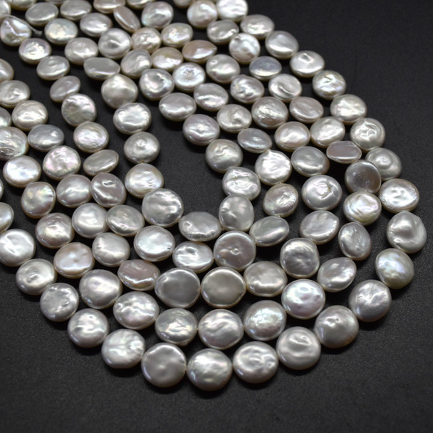 Natural White Freshwater Button, Coin Shaped Round Pearl Beads - with Pink Tone Iridescent Hues - 10mm - 11mm - 14'' Strand