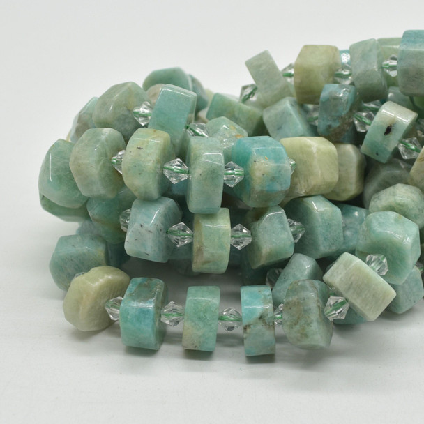 Peruvian Amazonite Semi-Precious Gemstone Irregular Chunky FACETED Rondelle Beads - 8mm x 14mm -  15'' Strand