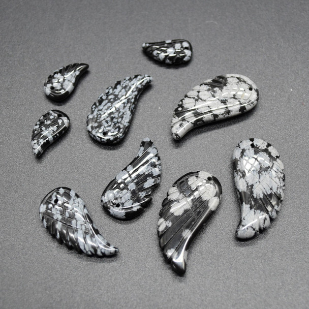 Natural Snowflake Obsidian Semi-precious Gemstone Carved Feather Pendants - 3 Sizes