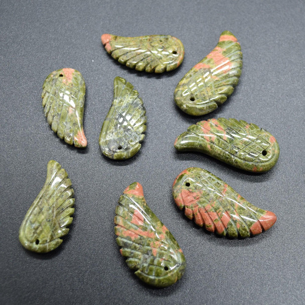 Natural Unakite Semi-precious Gemstone Carved Feather Pendants - 2 Sizes