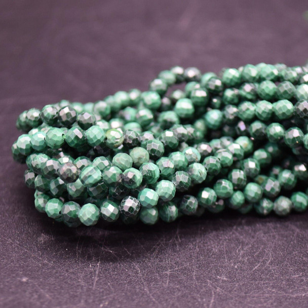 High Quality Grade A Natural Malachite Semi-Precious Gemstone FACETED Round Beads - 4mm - 15'' Strand