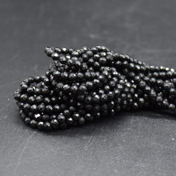 Black Tourmaline Semi-precious Gemstone FACETED Round Beads - 3mm - 15'' Strand