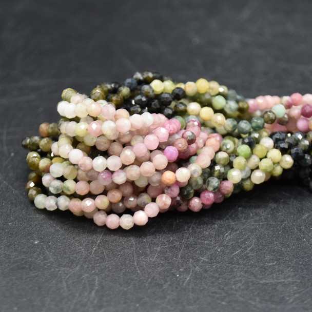 Pink, Green Tourmaline Semi-precious Gemstone FACETED Round Beads - 3mm - 15'' Strand