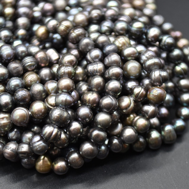 Freshwater Potato Round Pearl Beads - Dyed Peacock Black Grey - 5mm - 6mm - 15'' Strand