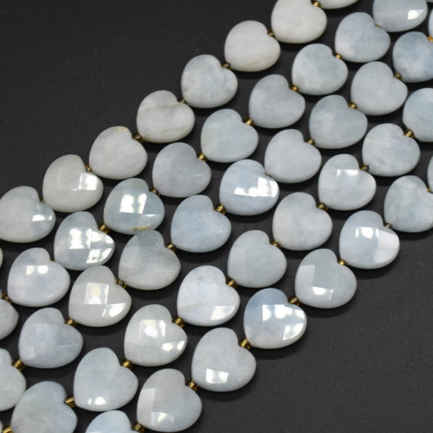 Natural Aquamarine Semi-precious FACETED Crystal Gemstone Heart Shaped Beads - 12mm - 15'' Strand