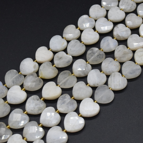 Natural White Moonstone Semi-precious FACETED Crystal Gemstone Heart Shaped Beads - 12mm - 15'' Strand