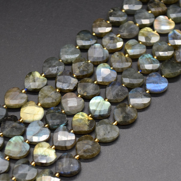 Natural Labradorite Semi-precious FACETED Crystal Gemstone Heart Shaped Beads - 12mm - 15'' Strand