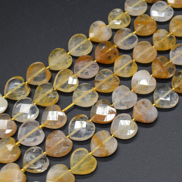 Natural Yellow Hematoid Quartz Semi-precious FACETED Crystal Gemstone Heart Shaped Beads - 12mm - 15'' Strand