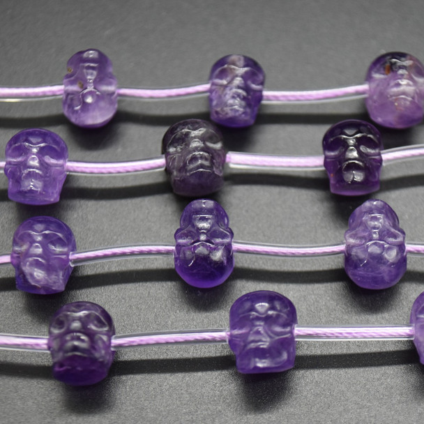 Natural Amethyst Skull Face Shaped Semi-precious Crystal Gemstone Beads - Side Drilled - 8mm x 10mm - 12'' Strand