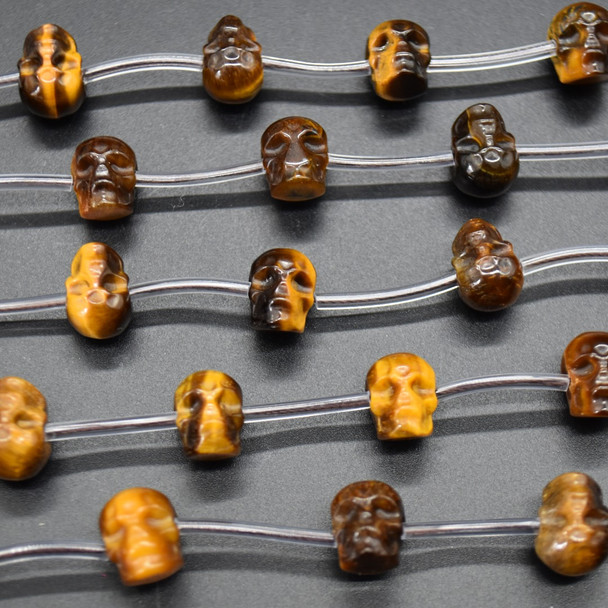 Natural Tiger Eye Skull Face Shaped Semi-precious Crystal Gemstone Beads - Side Drilled - 8mm x 10mm - 12'' Strand
