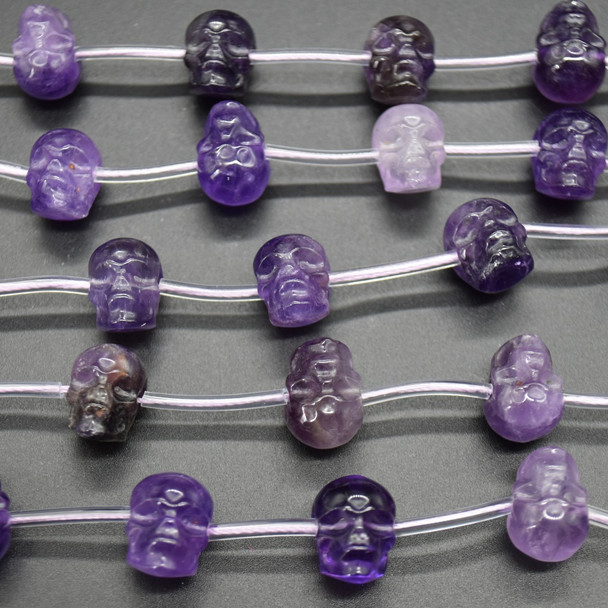 Natural Amethyst Skull Face Shaped Semi-precious Crystal Gemstone Beads - Side Drilled - 11mm x 13mm - 13'' Strand