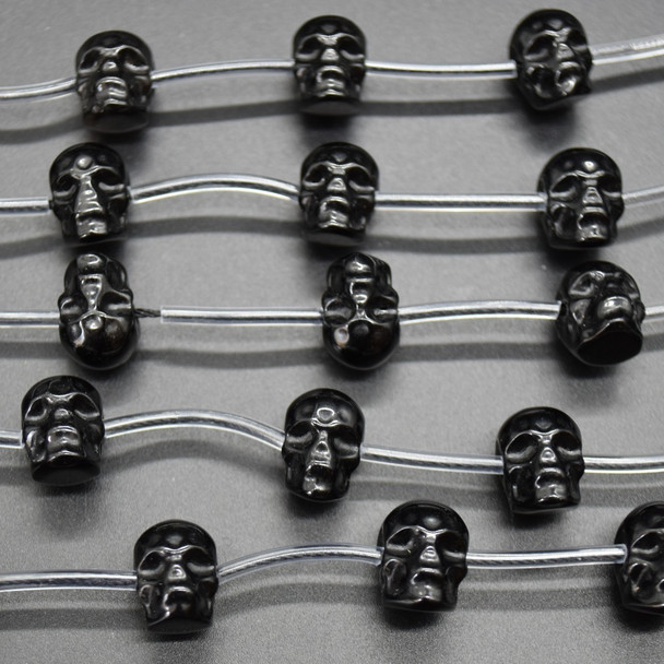 Natural Black Obsidian Skull Face Shaped Semi-precious Crystal Gemstone Beads - Side Drilled - 11mm x 13mm - 13'' Strand
