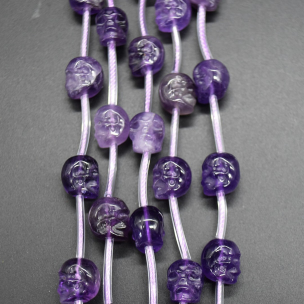 Natural Amethyst Skull Shaped Semi-precious Crystal Gemstone Beads - Centre Drilled - 8mm x 10mm - 13'' Strand