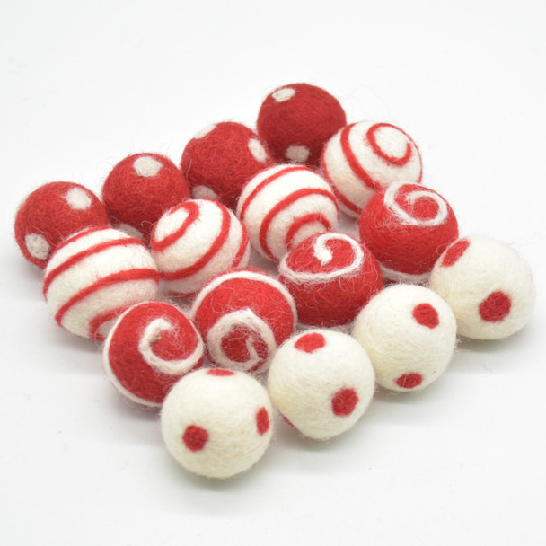 100% Wool Felt Balls - 16 Count - Polka Dots & Swirl Felt Balls - Red Mix - 2.5cm