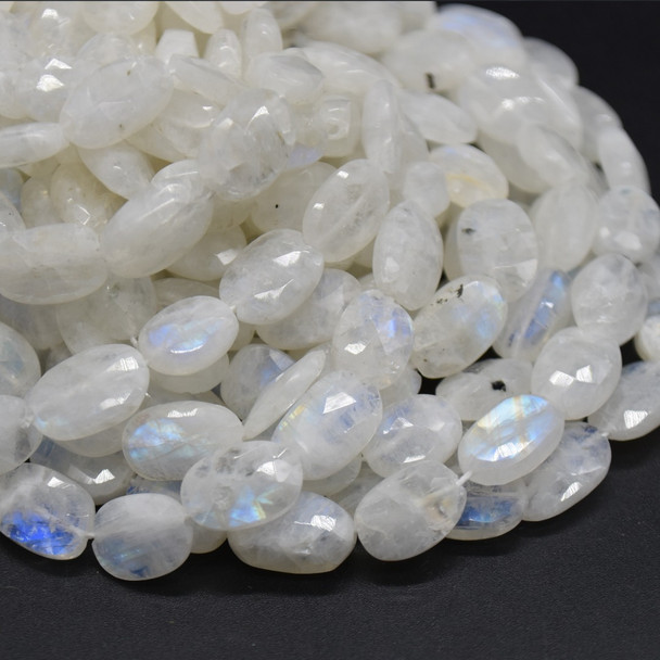 Natural Handmade Rainbow Moonstone Semi-precious Gemstone Irregular FACETED Oval Disc Beads - 9mm - 12mm - 13'' Strand