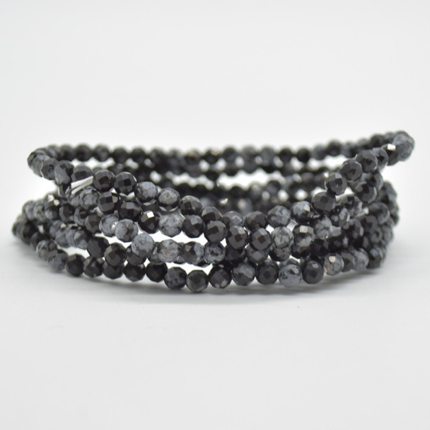 Natural Snowflake Obsidian Semi-Precious FACETED Round Gemstone Crystal Bracelet, Sample Strand - 4mm  - 1 Count - 7.5 inches