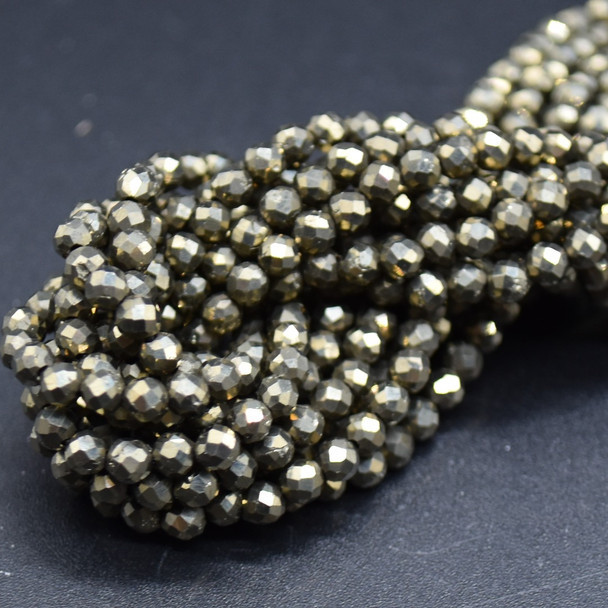 Natural Pyrite Semi-precious Gemstone FACETED Round Beads - 3mm - 15'' Strand