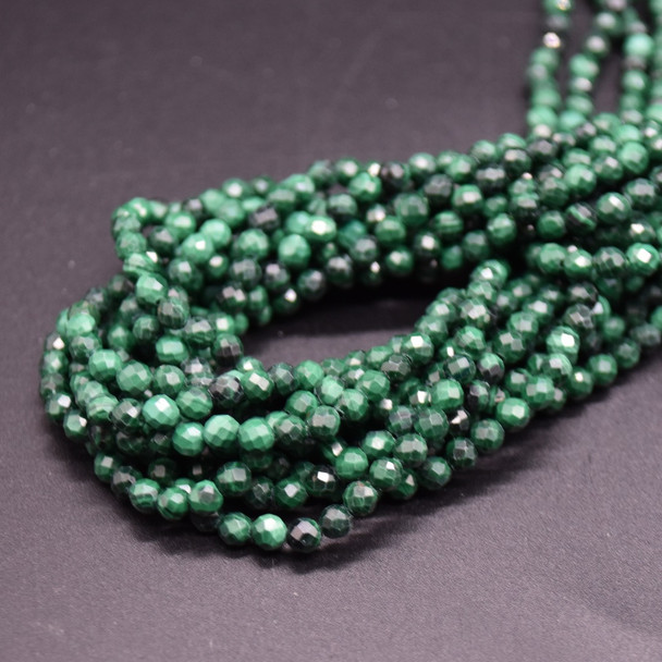 Natural Malachite Semi-precious Gemstone FACETED Round Beads - 3mm - 15'' Strand