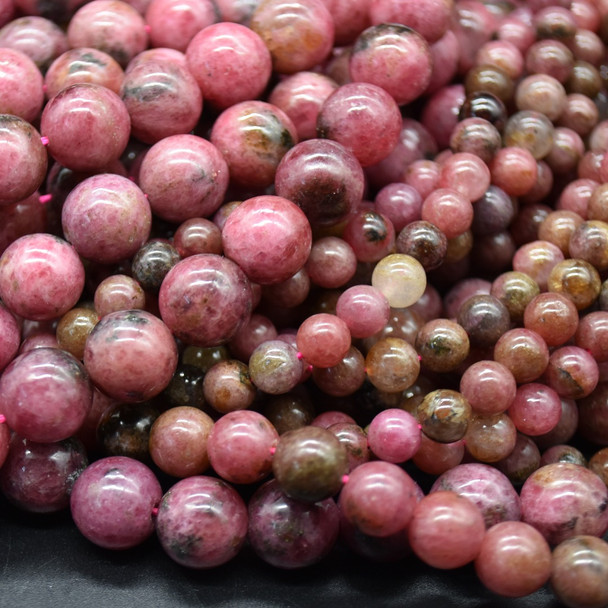 Natural Brazilian Rhodonite Semi-precious Gemstone Round Beads - 6mm, 8mm, 10mm sizes - 15'' Strand