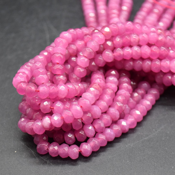Ruby Pink Jade (Dyed) Semi-Precious Gemstone FACETED Rondelle Spacer Beads - 6mm x 4mm - 15'' Strand