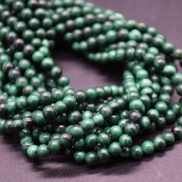 Natural Malachite SMOOTH Round Semi-precious Gemstone Beads - 3mm - 15'' Strand 