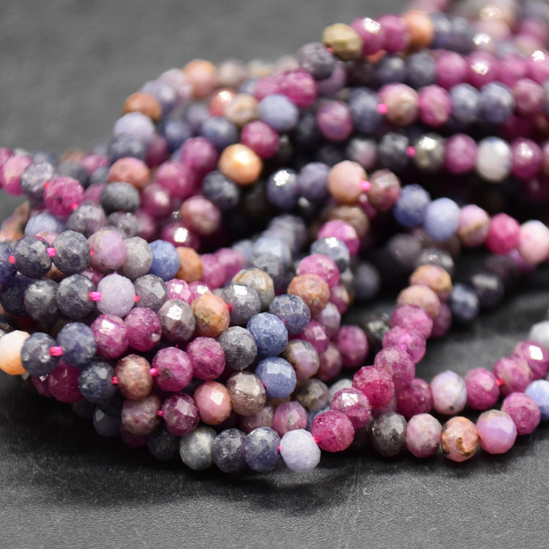 Natural Mixed Ruby, Sapphire Semi-Precious Gemstone FACETED Rondelle Beads - 4mm x 3mm - 15'' Strand