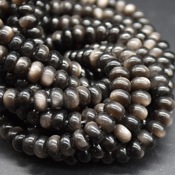 Silver Sheen Obsidian Smooth Rondelle Spacer Beads - 8mm x 4mm - 5mm - 14'' Strand, for Jewellery Making