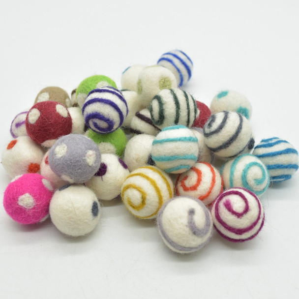 100% Wool Felt Balls - 100 Count - Mixed Colours - Polka Dots & Swirls - 2.5cm - Clearance Stock