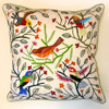 Handwoven and Hand Embroidered Bird Pillow on White 2 Guatemala (18" x 18") Colors of embroidery: greens, peach, bright pink, bright yellow, cinnamon, grey, black, orange, red and more. 