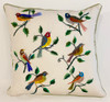 Handwoven and Hand Embroidered Bird Pillow on White Rosa Guatemala (20" x 20") Colors of embroidery: greens, blues, browns, red, pumpkin, rust, yellow, gold  and more