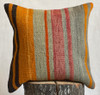 Handwoven Repurposed Kilim Wool Pillow H Turkey (16" x16")  Colors: Shades of variegated greys, variegated rose, dark chocolate brown, saffron. 
Back of the pillow is a cotton fabric in a light cool grey.