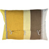 Handwoven Cotton Stripe Pillow A Mexico.  Colors: taupe, mustard, lemon yellow, light grey with a bit of red brown and teal.