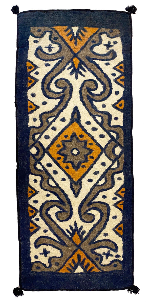 Handmade Wool Felt  Runner Rug  1 Afghanistan (30" x 72") Colors: deep navy, natural, grey, and tobacco. There is a navy blue woven border sewn around the whole rug. These rugs are very versatile. 