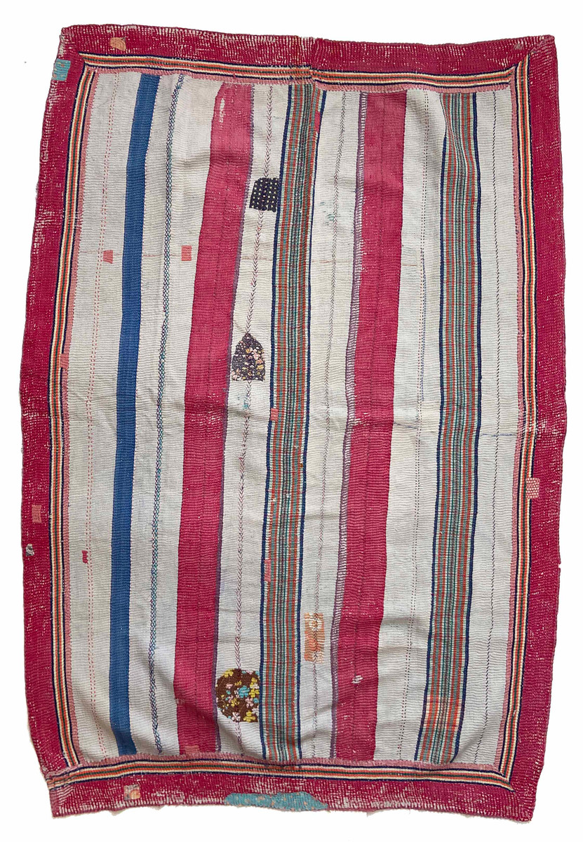 Kantha Quilt Hand Stitched Vintage Sari India red, blue grey cream