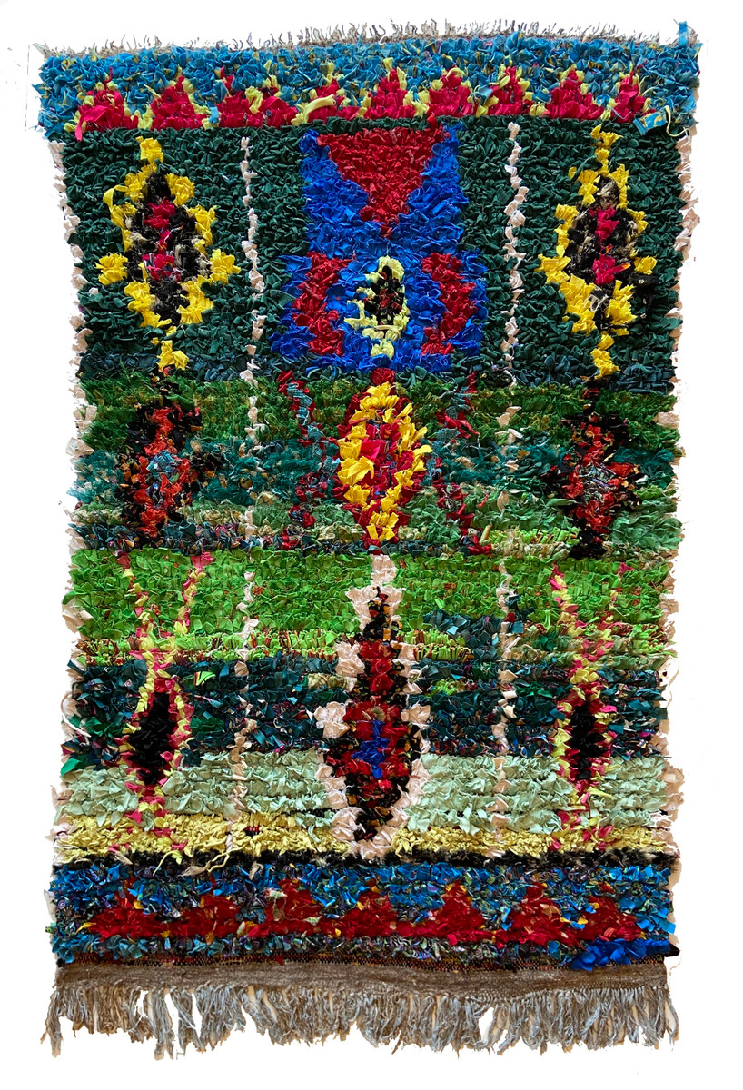 Handwoven And Hand Knotted Vintage Pile Tribal Boucherouite Rug  18 Morocco (40"x 68") bright green, grass green, dark teal green, bright yellow, bright marine blue, mint, citron, sky blue, pale pink