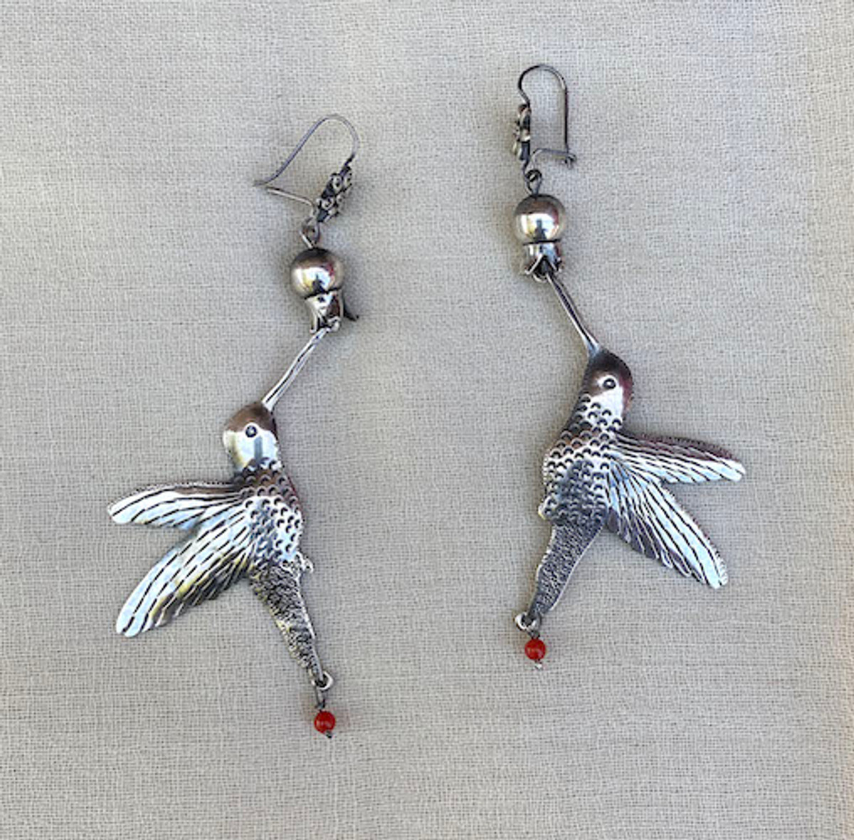Handmade Silver Hummingbird Earrings 1.6 x 4.3