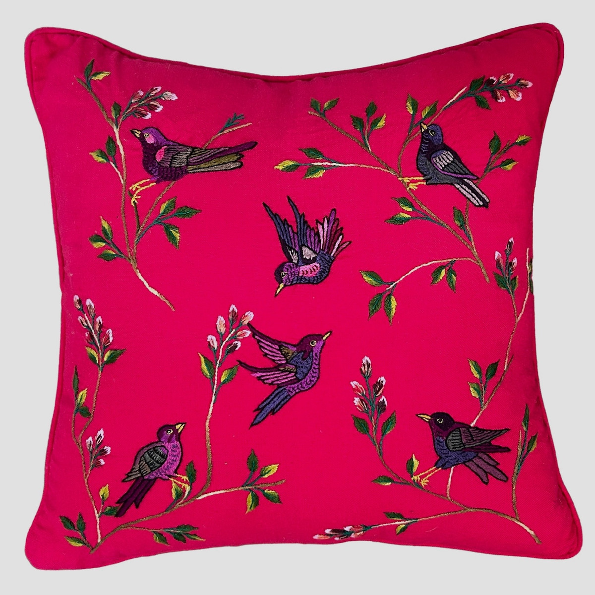 Handwoven and Hand Embroidered Bird Pillow Rose Guatemala (18" x 18") purples, pinks, brown, greens and black.