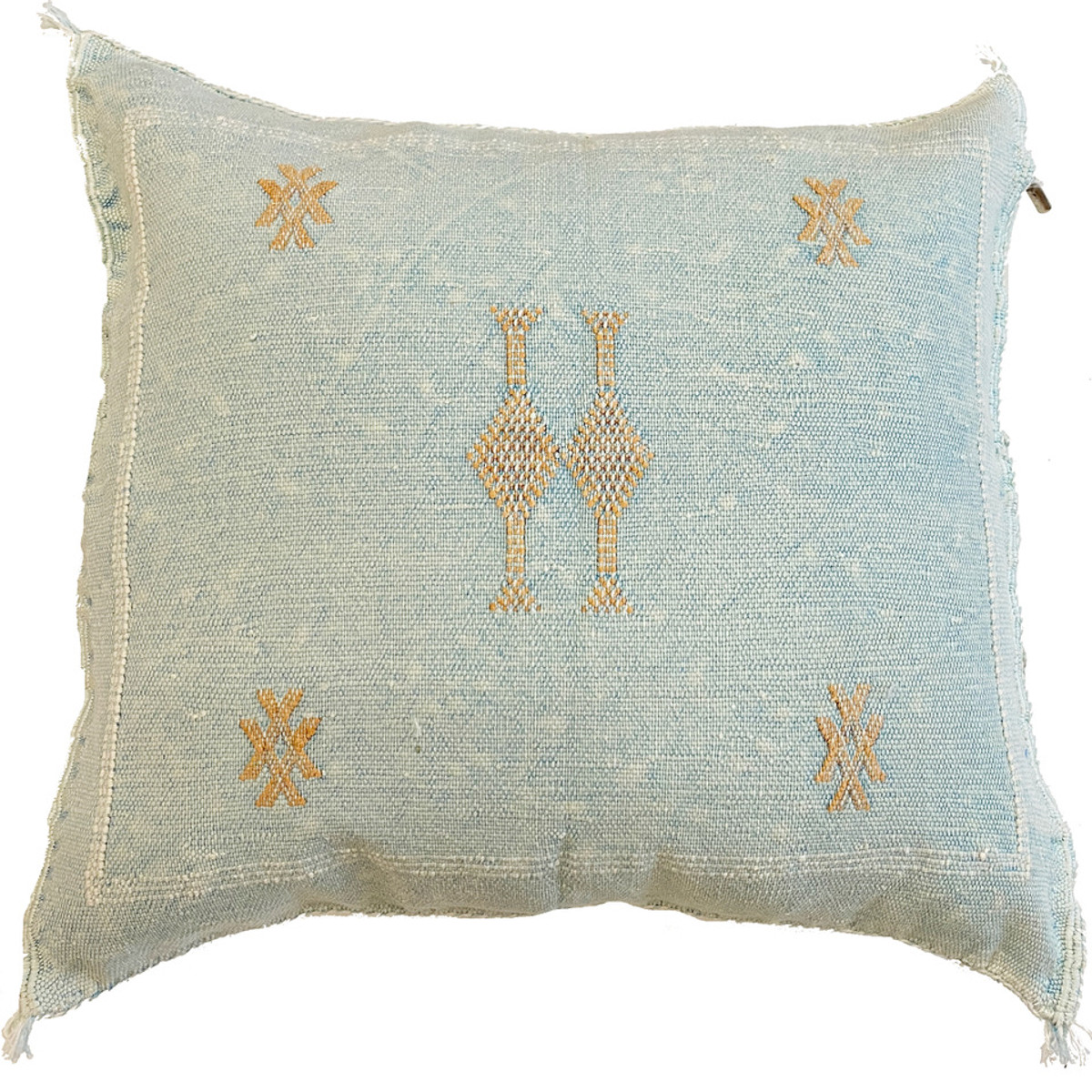 Handwoven Inlay Design Rayon Pillow Light Blue 2 Morocco Colors: variegated and ‘washed’ light robins egg blue with accent design in white and feint copper. 