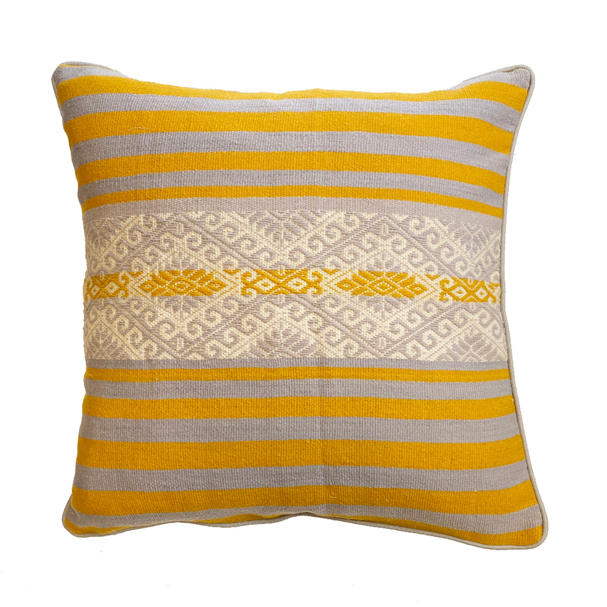 Handwoven Wool Natural Dyed Gold Pillow Peru Colors: marigold, medium grey, off white.