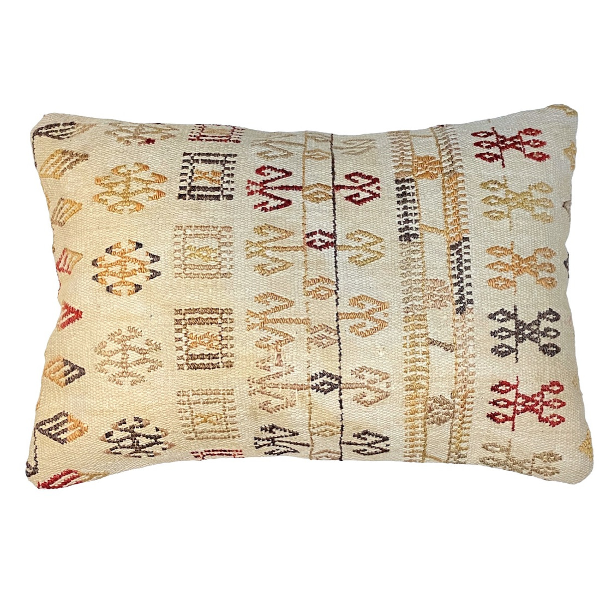 Vintage Wool Kilim Rectangular Pillow Turkey 153" x 19" The pillow is shades of beige with designs in brick red, taupe, pale papaya, wheat and grey.Pale grey green colored cotton back with zipper.