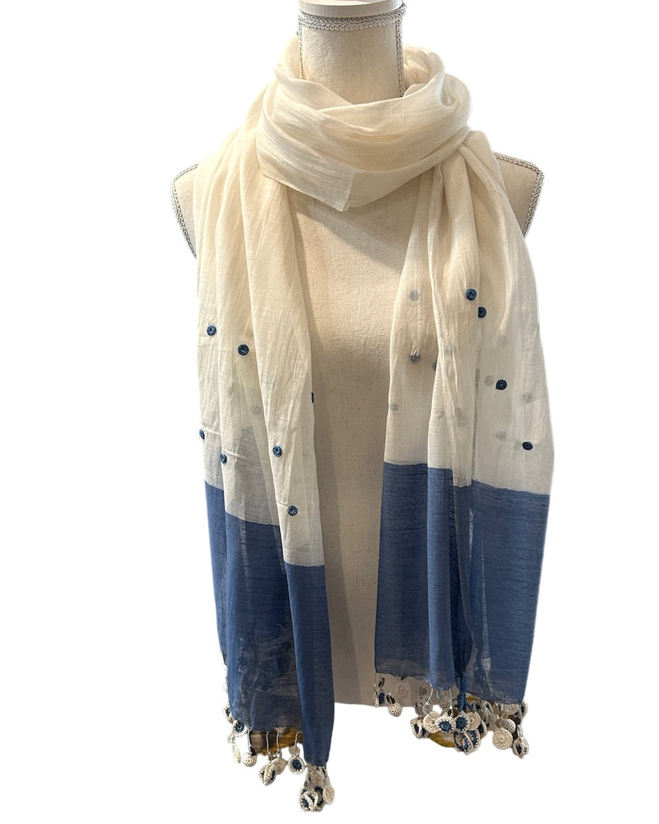 Fine Cotton Scarf/Shawl with Crocheted Tassels India Colors: white and medium blues. 

