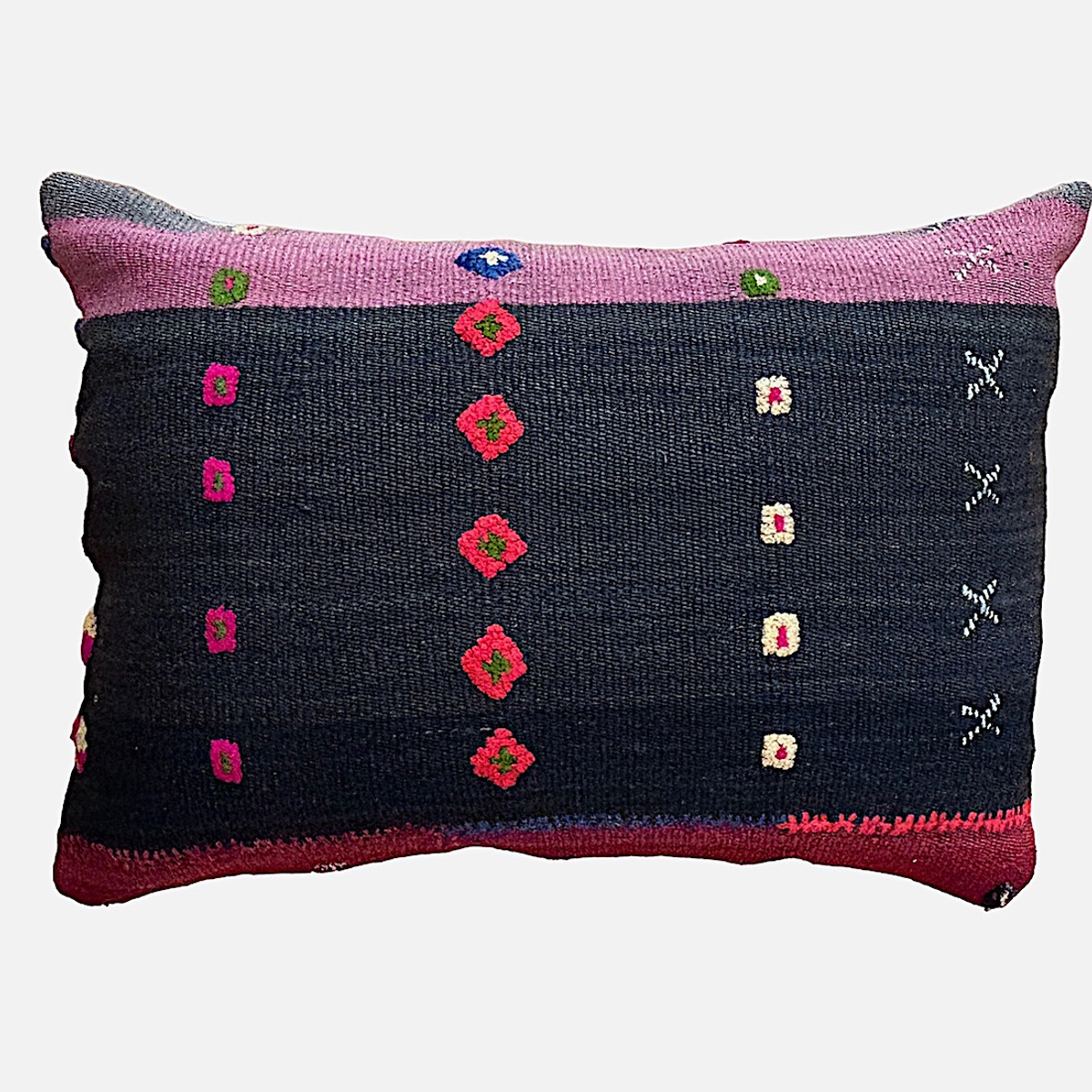 Vintage Wool Kilim Rectangular Pillow D Turkey 15" x 23" Bands of color and brocade woven designs. The pillow is shades of natural wool dark brown to charcoal, cranberry, chalky faded rose. The brocade designs in taupe, gold, hot pink, bright red orange, bright olive, indigo blue and tan