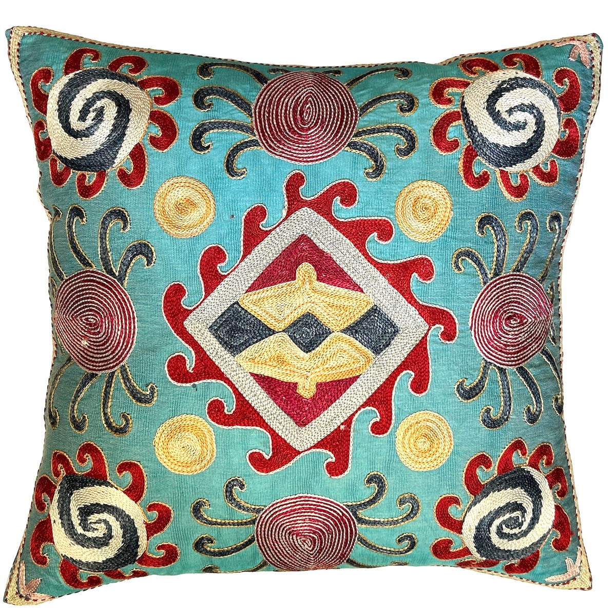 Embroidered pillow from a UNESCO Award of Excellence studio in Uzbekistan, a country at the heart of the fabled silk road, an ancient trade route linking the far east, Europe and north Africa. Hand embroidered silk on a satin-finish pale turquoise colored ground cloth. Embroidery colors: red, chalky indigo, mustard, cream, pale bluish cream, and more.The back is handwoven ikat dyed cotton fabric with a zipper. The back colors: chalky indigo and white. 90/10 feather/down pillow insert. Stunning.